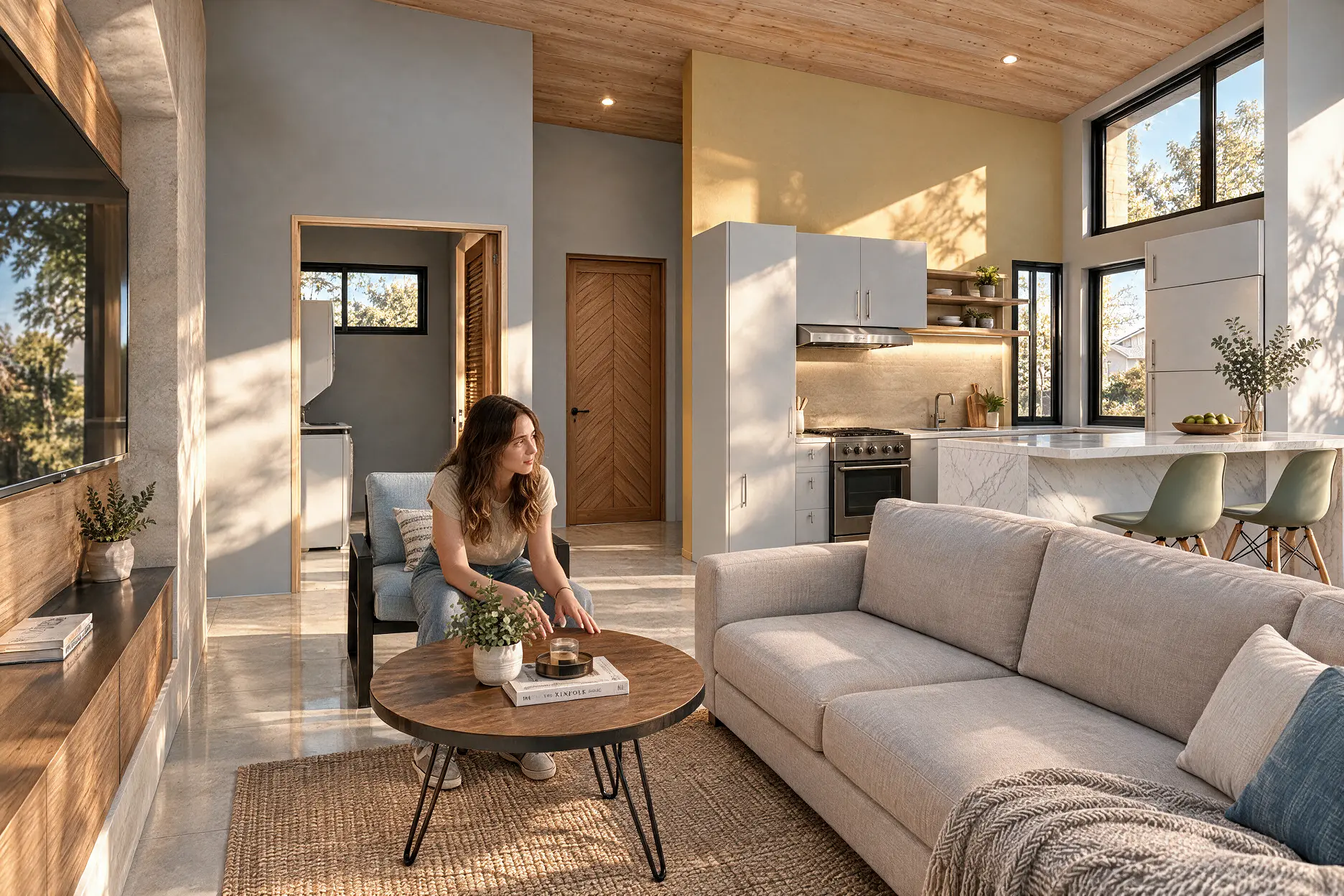 3D design of a home's living, kitchen and dining spaces